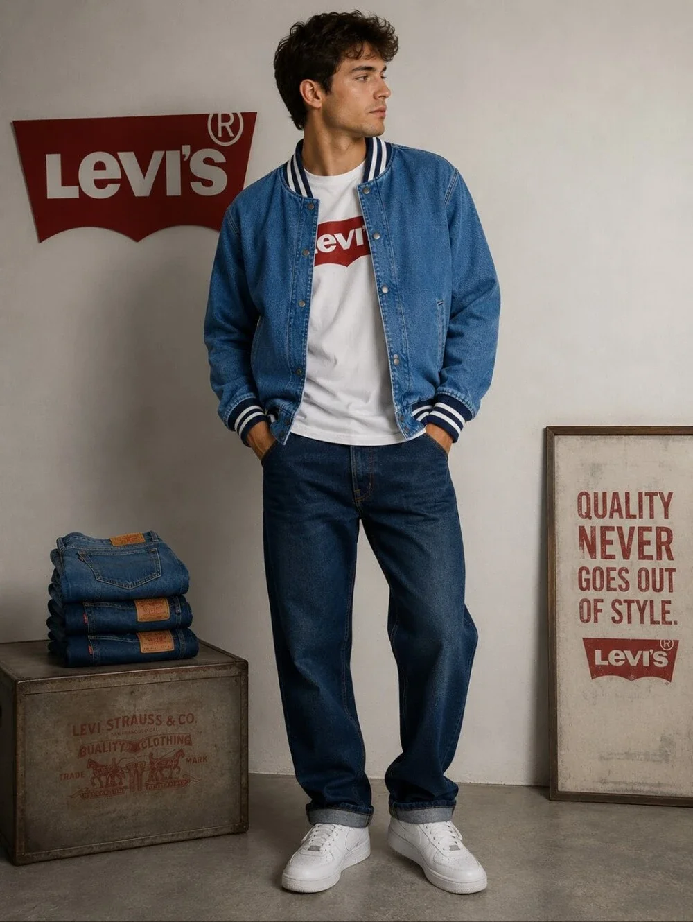 Levi's New Men's Full Zip Varsity Denim Bomber Jacket‎ LARGE Ribbed Knit Hem